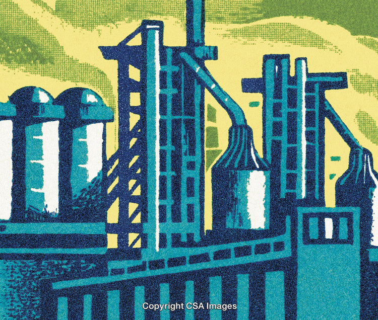 Stylized Illustration of Industrial Factory Buildings With Green and Yellow Tones
