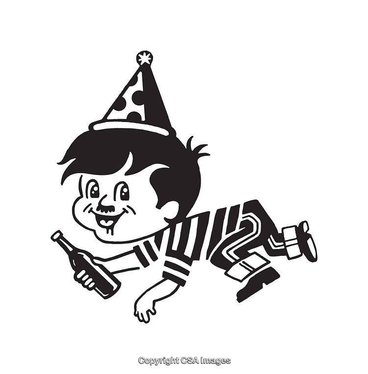 Retro Style Boy Cartoon with Polka-Dot Hat and Beverage Bottle