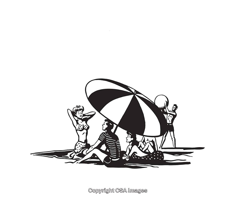 Vintage Beach Day Black and White Illustration Artwork