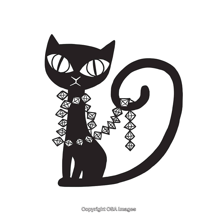 Black Cat Illustration With Geometric Necklace in Minimalist Line Art Style