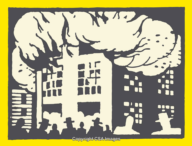 Abstract Line Art Illustration of an Urban City Scene with Smoke Clouds