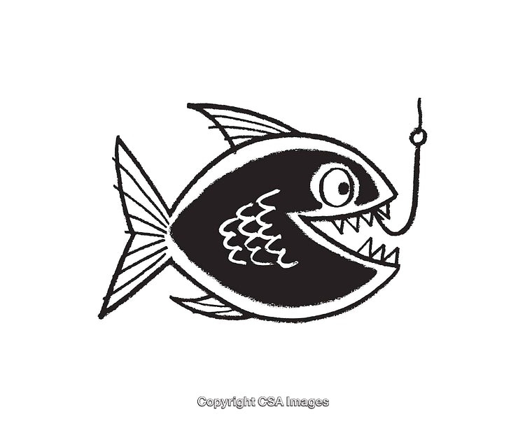 Black and White Line Art Illustration of a Cartoon Piranha Fish and Fishing Hook