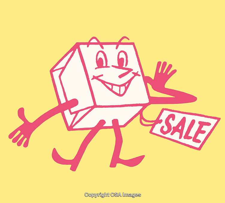 Cheerful Cartoon Box Character Holding a Sale Sign on Yellow Background