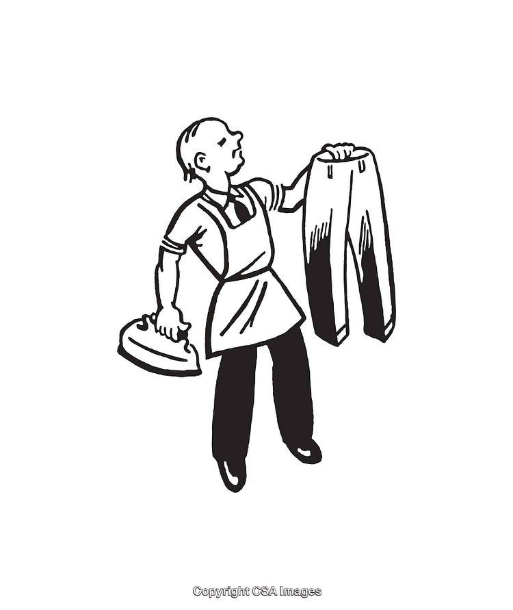 Vintage Line Art of a Worker Ironing Trousers with Precision