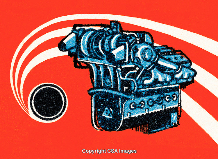Vintage Engine Illustration with Dynamic Bright Red Background