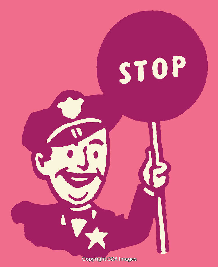 Vintage Cartoon Police Officer with Stop Sign in Pink Theme