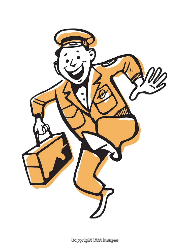 Playful Vintage Messenger Illustration in Yellow Uniform Carrying a Briefcase