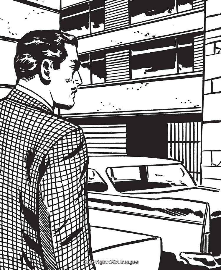 Retro City Scene Featuring a Man and a Classic Vintage Car in Black and White