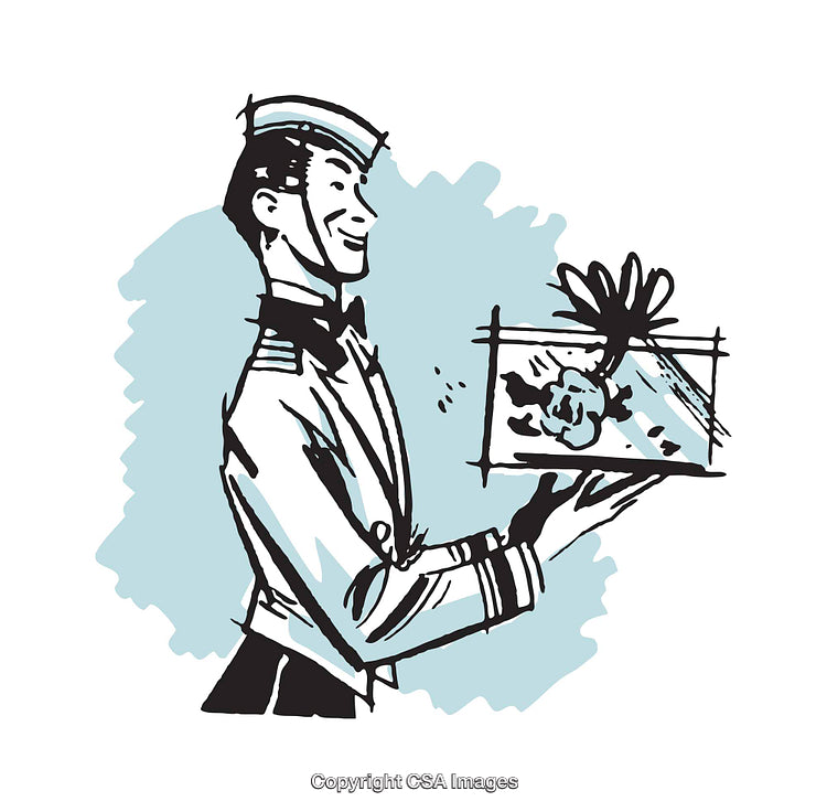 Smiling Bellhop Presenting a Gift Box with an Illustration
