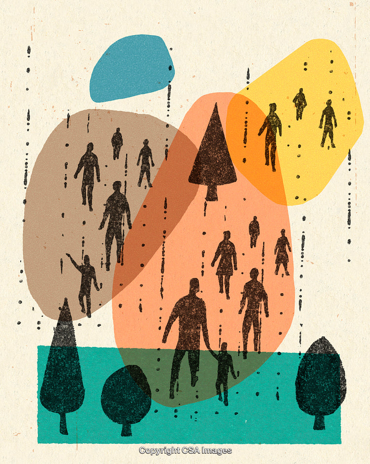 Abstract Collage of Figures Among Overlapping Shapes and Natural Elements
