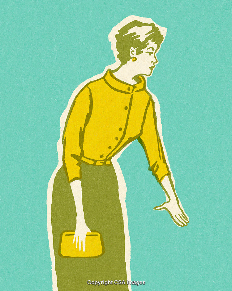 Illustrated Figure of a Vintage Woman Holding a Clutch on Teal Background