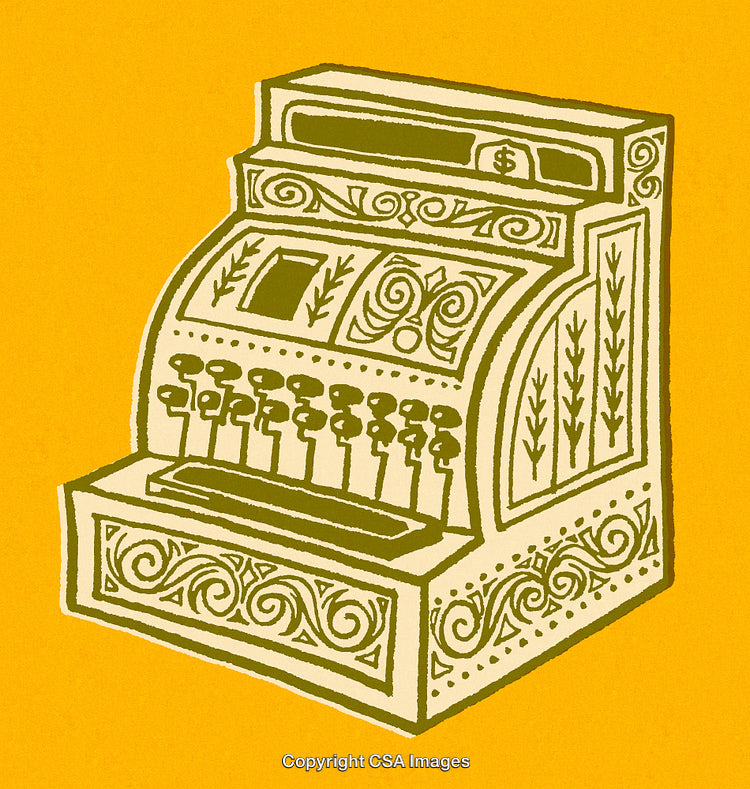 Vintage Cash Register Illustration with Ornate Details on Yellow Background