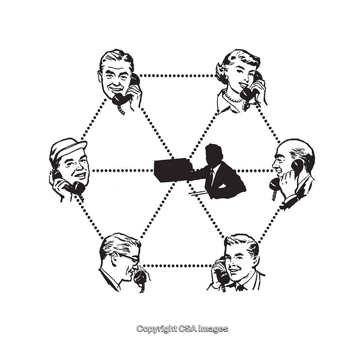 Retro Illustration of People Connected by Telephone Network Communication