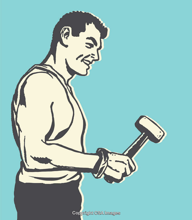 Vintage Illustration of a Worker Holding a Tool in Color Line Art Style
