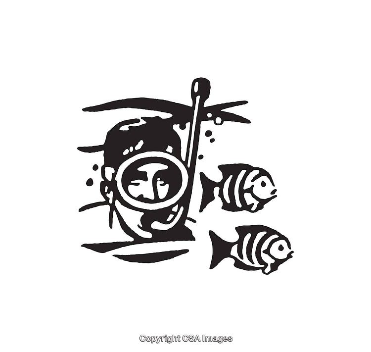 Black and White Line Art of Snorkeler and Fish in Underwater Scene
