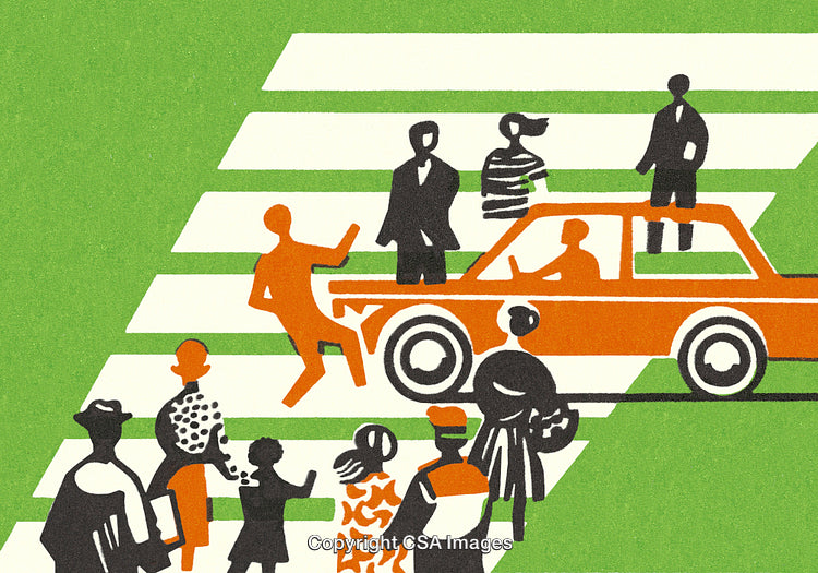 Illustration of Pedestrians and Car at a Busy Crosswalk Scene