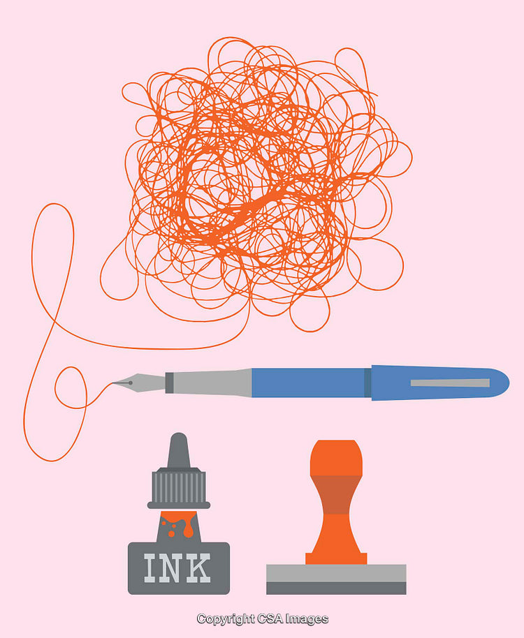 Illustration of Writing Tools with Tangle and Ink Bottle on Pink Background