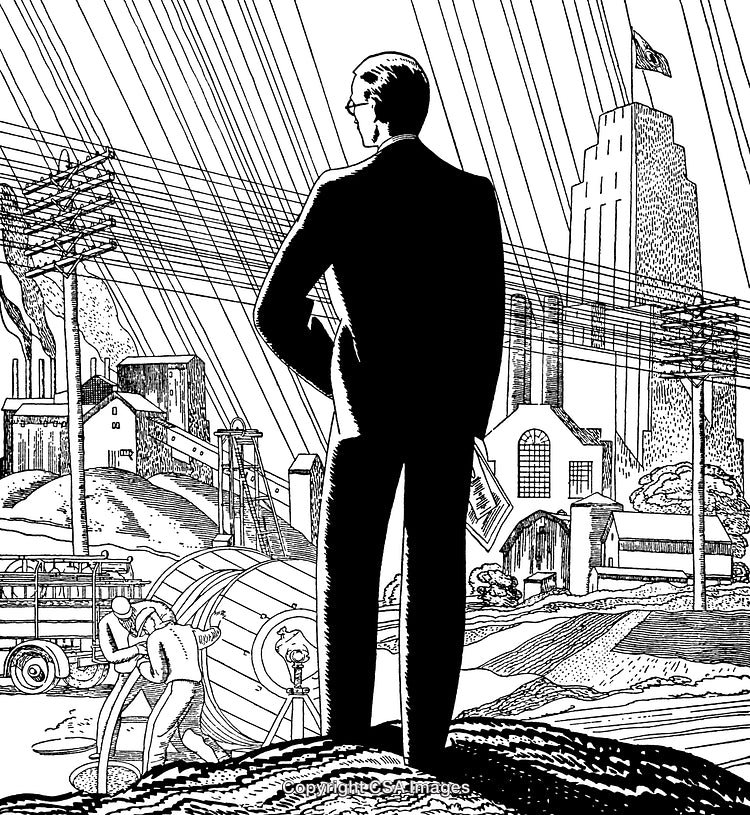 Black and White Engraving of a Man Observing an Industrial Landscape
