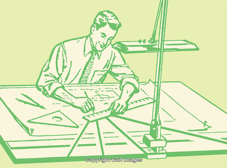 Architect Drawing Blueprints Using Tools on Drafting Table Illustration