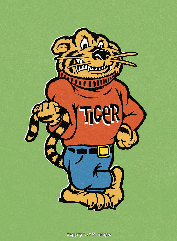 Cartoon Tiger Mascot in Red Sweatshirt on Green Background