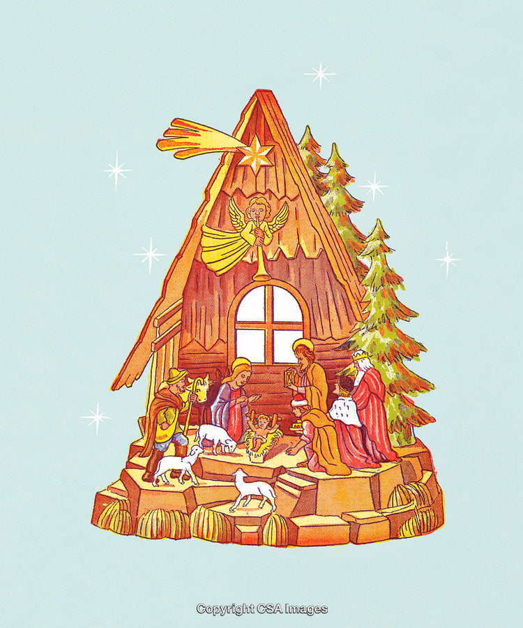 Nativity Scene Illustration Depicting Jesus' Birth with Traditional Christmas Elements