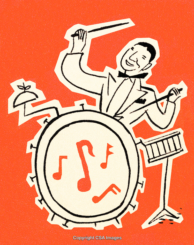 Illustrated Percussionist Playing Drum With Music Notes on Vibrant Background