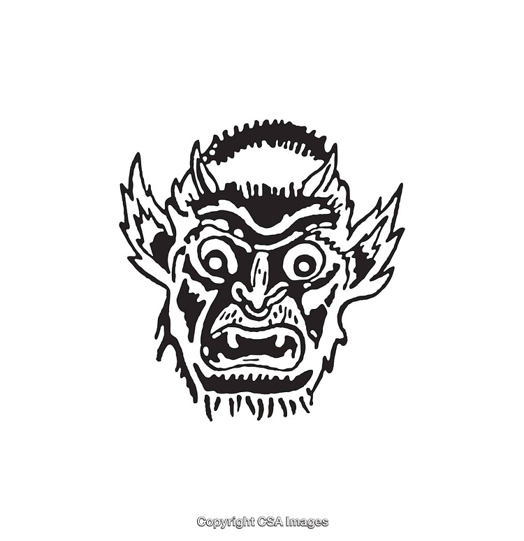 Black and White Line Art Illustration of a Mythical Creature's Face