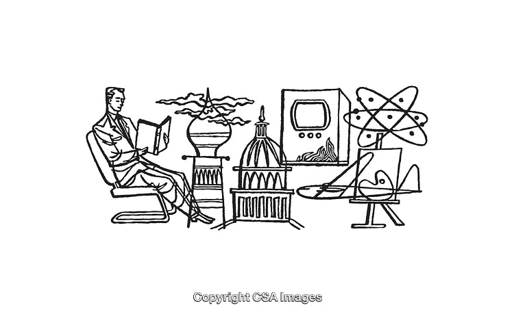 Black And White Illustrative Drawing Featuring Man Reading With Symbolic Elements