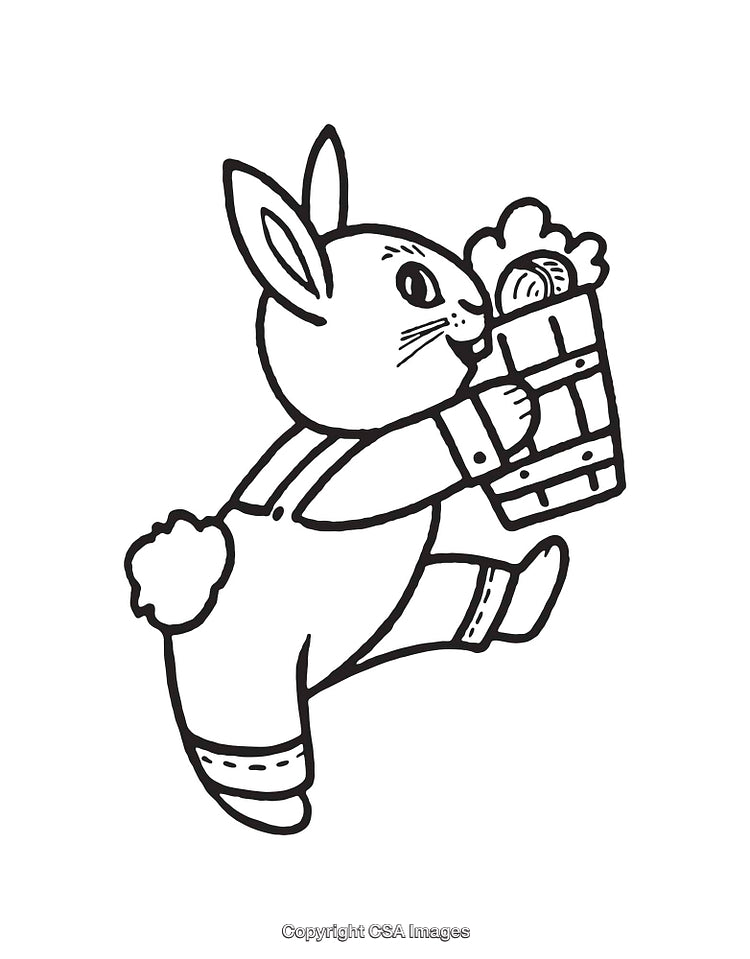 Cute Bunny Carrying Basket in Black and White Line Art