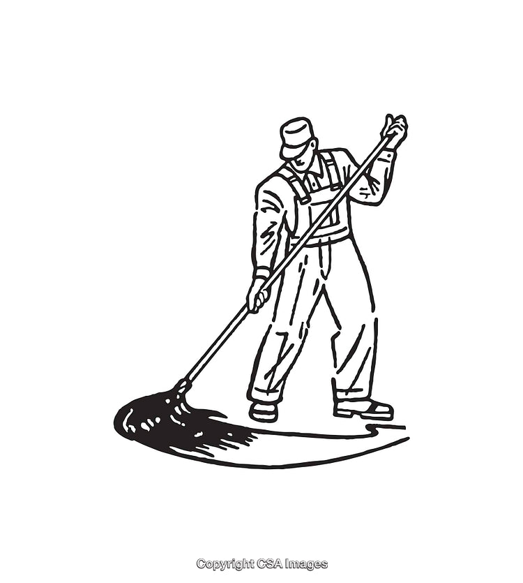 Worker Using a Rake in Black and White Line Art Illustration