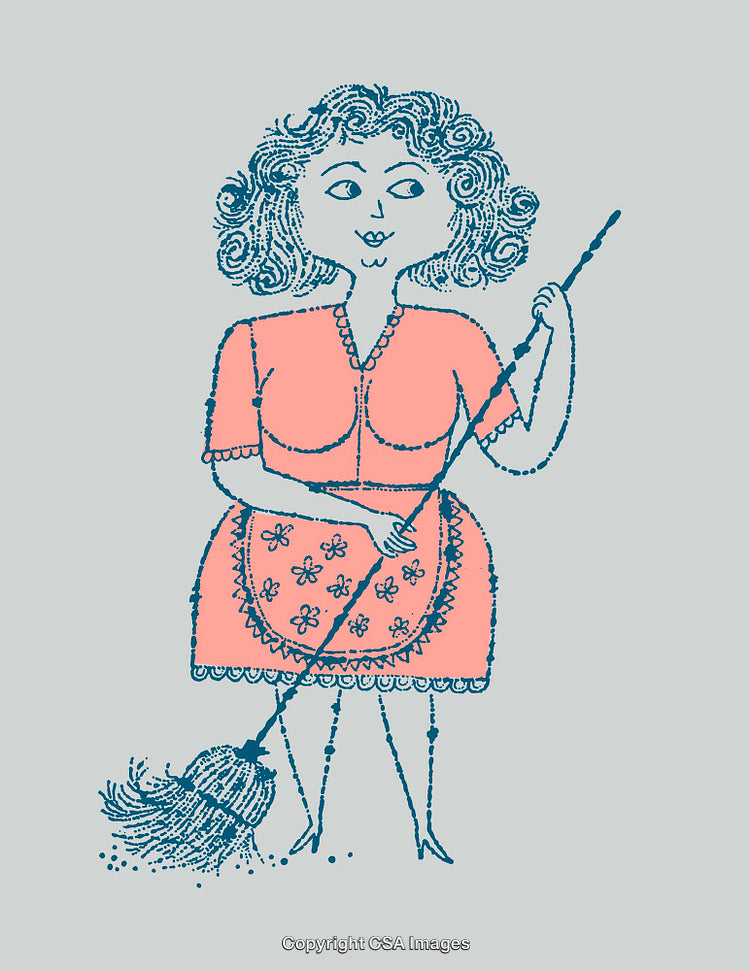 Whimsical Line Art of a Woman Cleaning With a Mop