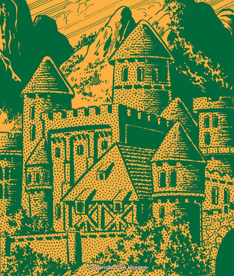 Vintage Style Illustration of a Medieval Castle Amidst Scenic Mountains