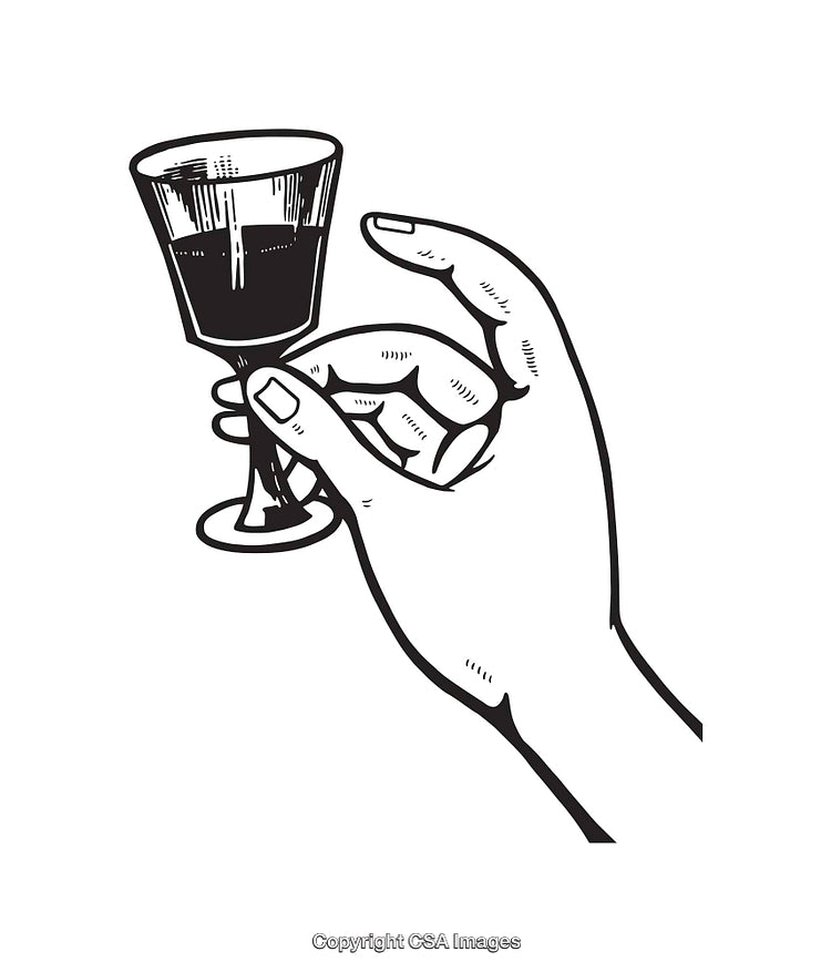 Black and White Line Art of Hand Holding a Wine Glass