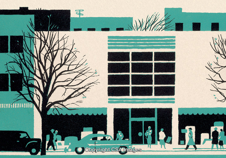 Midcentury Urban Scene with Vintage Cars and Pedestrians in Retro Illustration Style