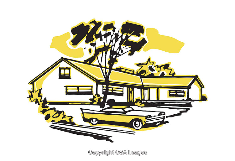 Stylized Illustration of Suburban Home With Yellow Car and Trees