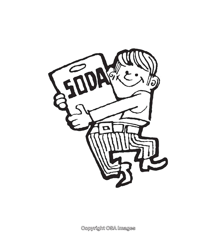 Vintage Style Line Art of a Cheerful Man with Soda Box