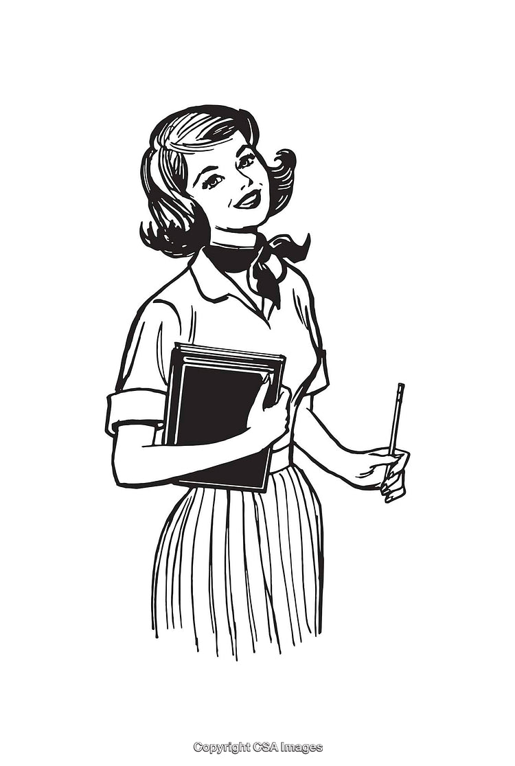 Vintage Line Art of a Woman Holding Books and Pencil