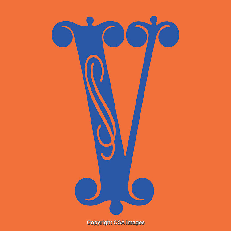 Ornate Blue Letter 'V' Design on Vibrant Orange Background