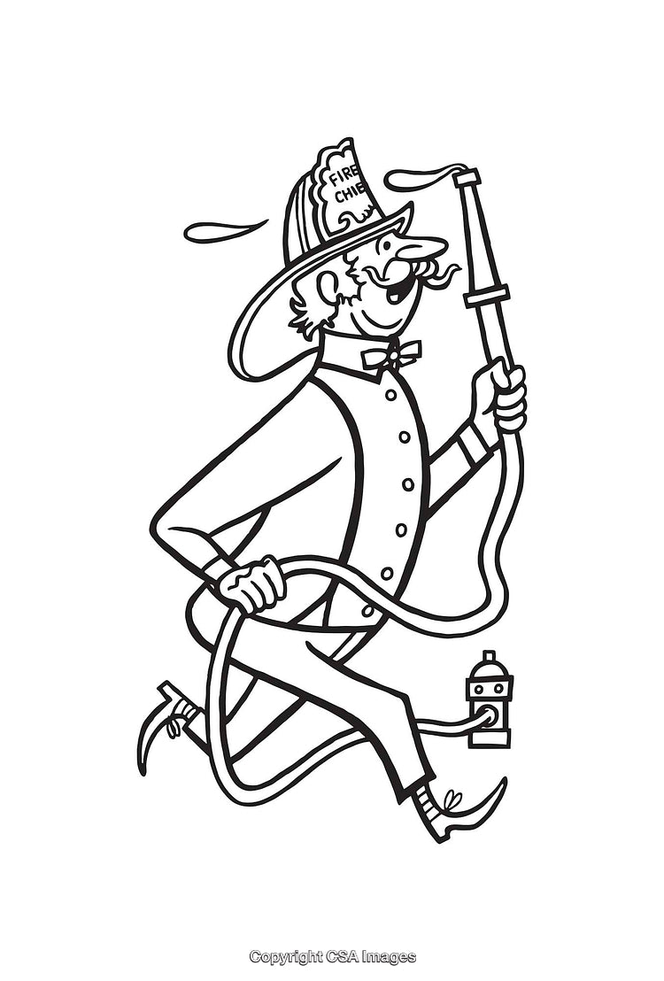 Cartoon Fire Chief Character Holding Hose in Fun Line Art Style