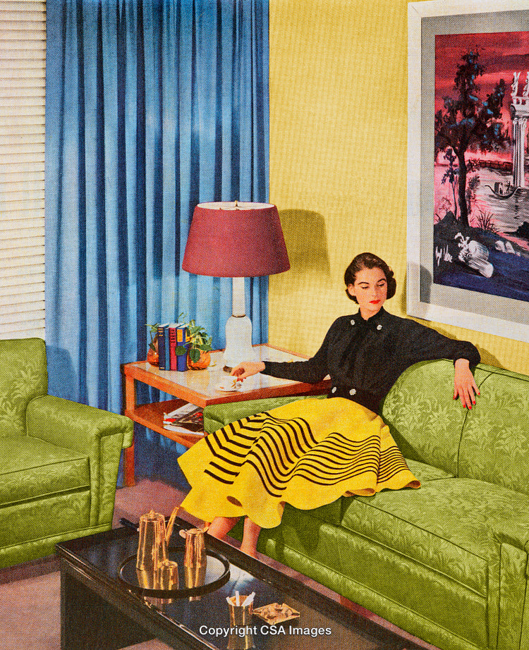 Stylized Retro Living Room Scene Featuring A Woman With a Colorful Skirt