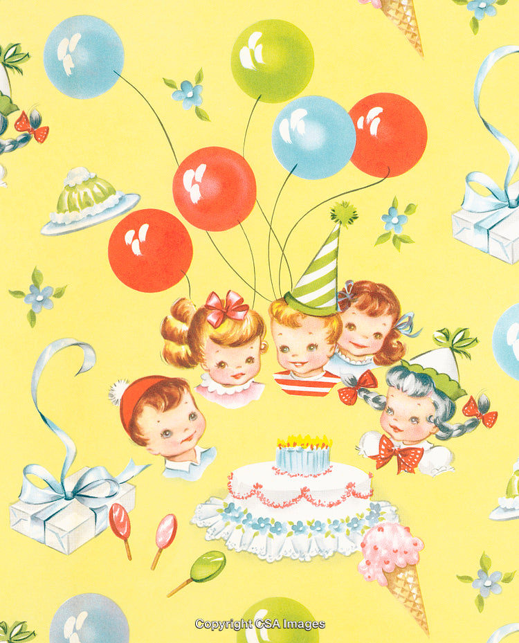 Retro Style Birthday Party Illustration with Children and Balloons