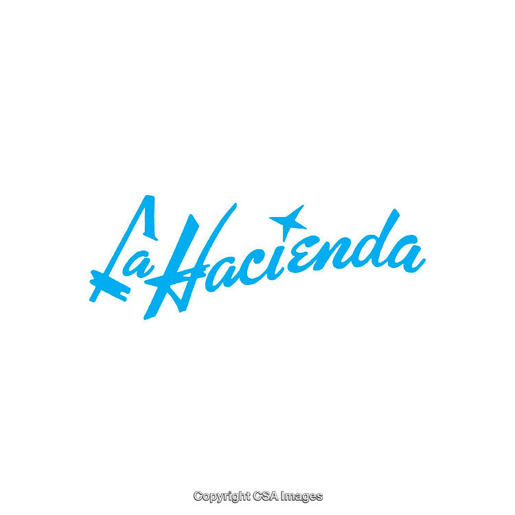 Blue Stylized Lettering Script of the Phrase 'La Hacienda' with White Background