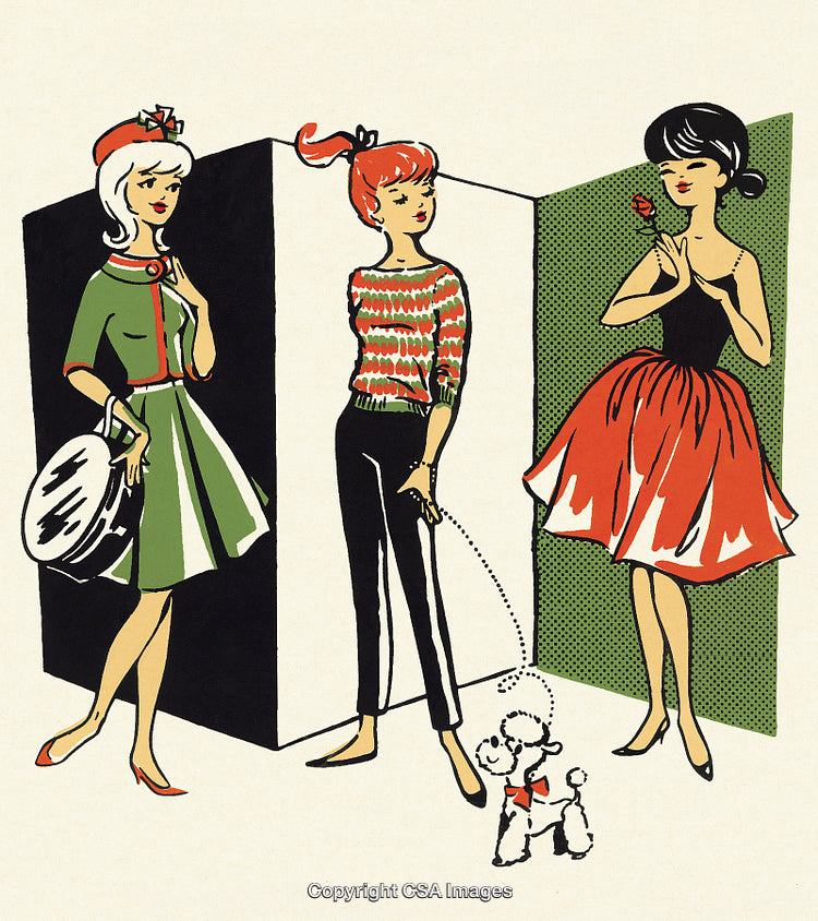 Retro Illustration of Women in Stylish Outfits and a White Poodle