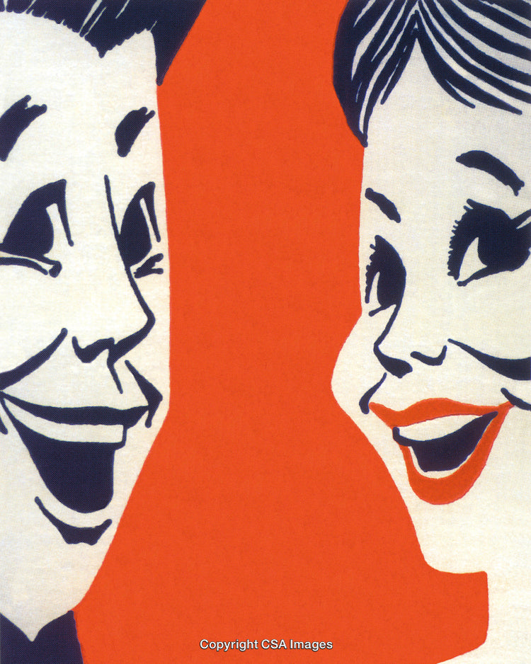 Retro Styled Illustration of Smiling Faces on Vibrant Orange Background