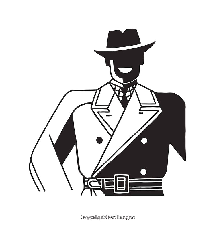 Black and White Line Art of a Mysterious Detective in a Hat and Coat