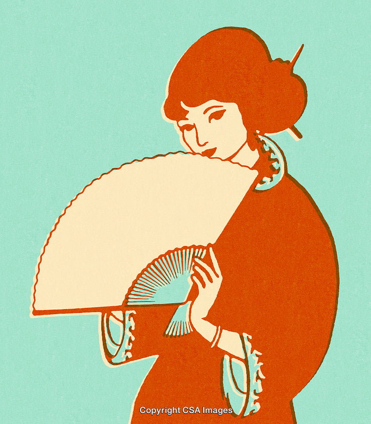 Artistic Illustration of a Woman Holding a Hand Fan in Retro Style