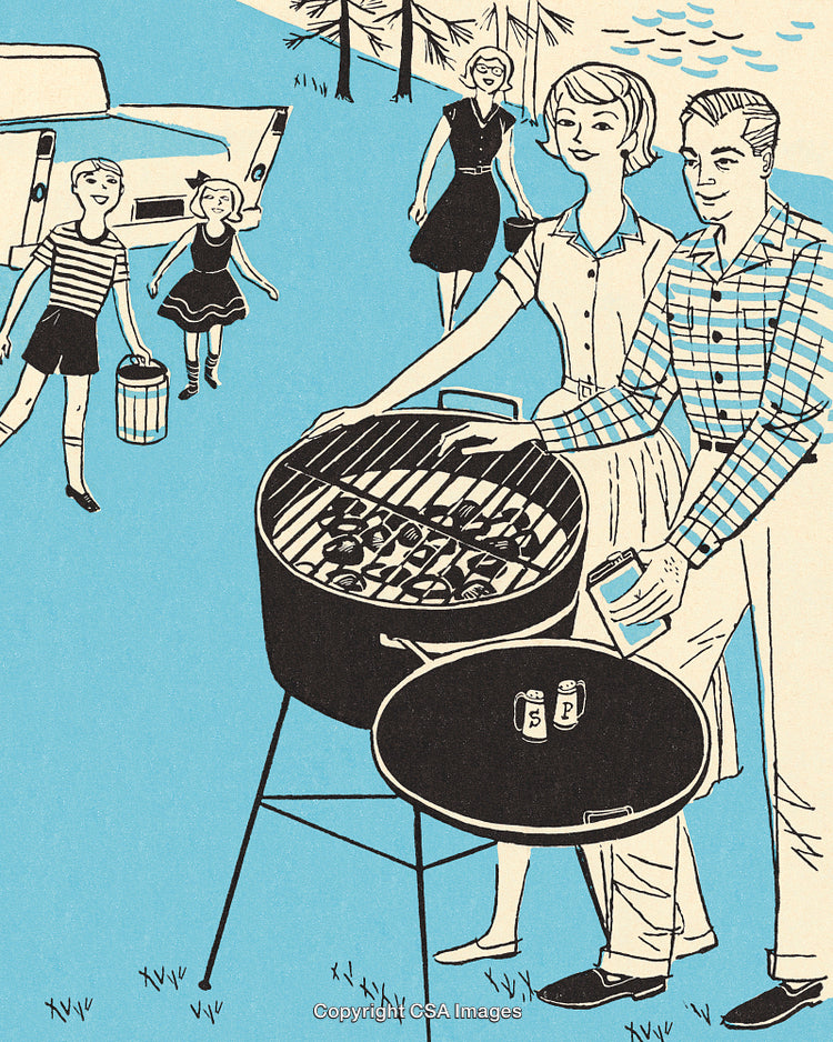 Retro Illustration of Family Enjoying an Outdoor Barbecue in Classic Style
