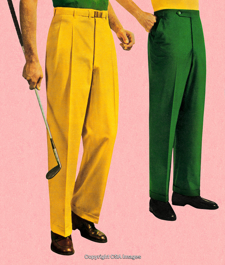 Stylish Yellow and Green Pants with Golf Theme on Pink Background