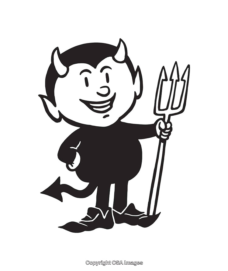 Black and White Cartoon Devil with Pitchfork Illustration