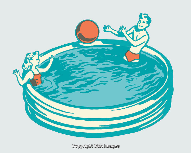 Vintage Illustration of Two Adults Playing in an Inflatable Pool
